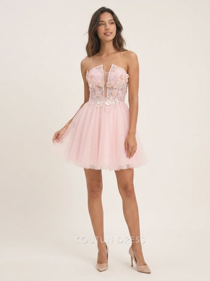 Charming A-Line Sweetheart Sleeveless Floral Glitter Pink Short Homecoming Dress
