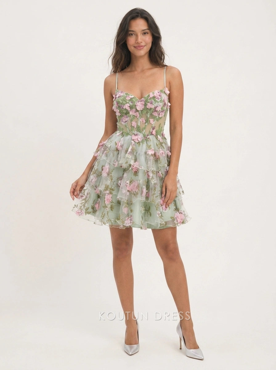Charming A-Line Sweetheart Sleeveless Floral Tiered Mint Short Homecoming Dress
