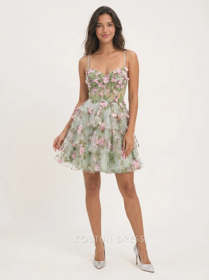 Charming A-Line Sweetheart Sleeveless Floral Tiered Mint Short Homecoming Dress