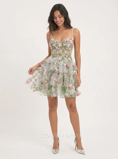 Charming A-Line Sweetheart Sleeveless Floral Tiered Mint Short Homecoming Dress