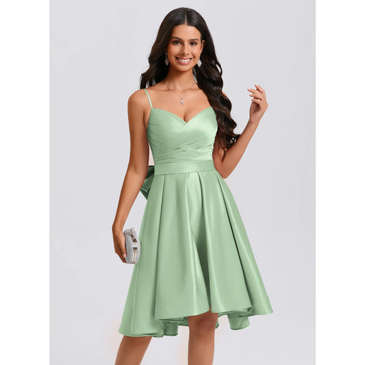 Charming A-Line Sweetheart Sleeveless Ruched Bow Mint Green High-Low Homecoming Dress