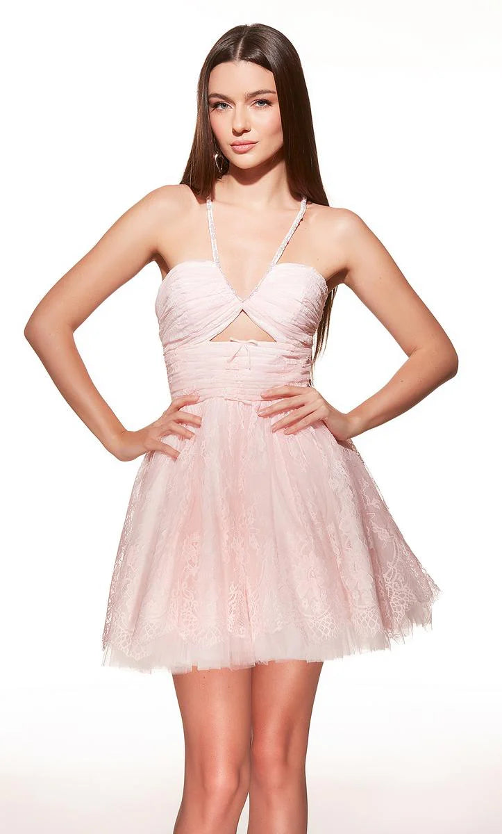 Charming A-Line Sweetheart Sleeveless Ruched Lace Blush Pink Short Homecoming Dress
