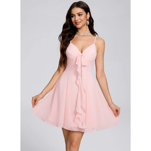 Charming A-Line Sweetheart Sleeveless Ruched Ruffle Pink Short Homecoming Dress