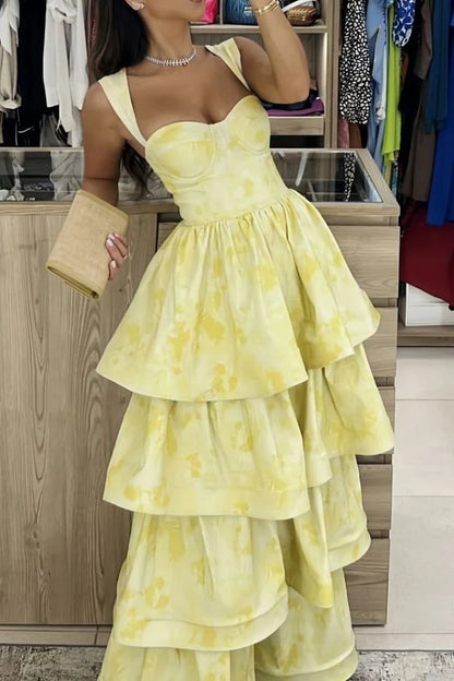 Charming A-Line Sweetheart Sleeveless Tiered Ruffle Yellow Long Prom Dresses Gown