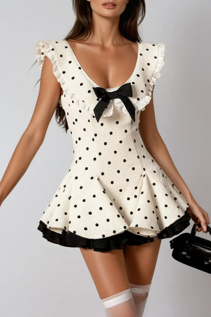 Charming A-Line V-Neck Ruffled Polka Dot White Mini Homecoming Dresses