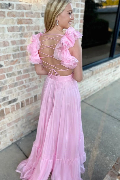 Charming A-Line V-Neck Sleeveless Backless Ruffle Pink Long Prom Dresses Women