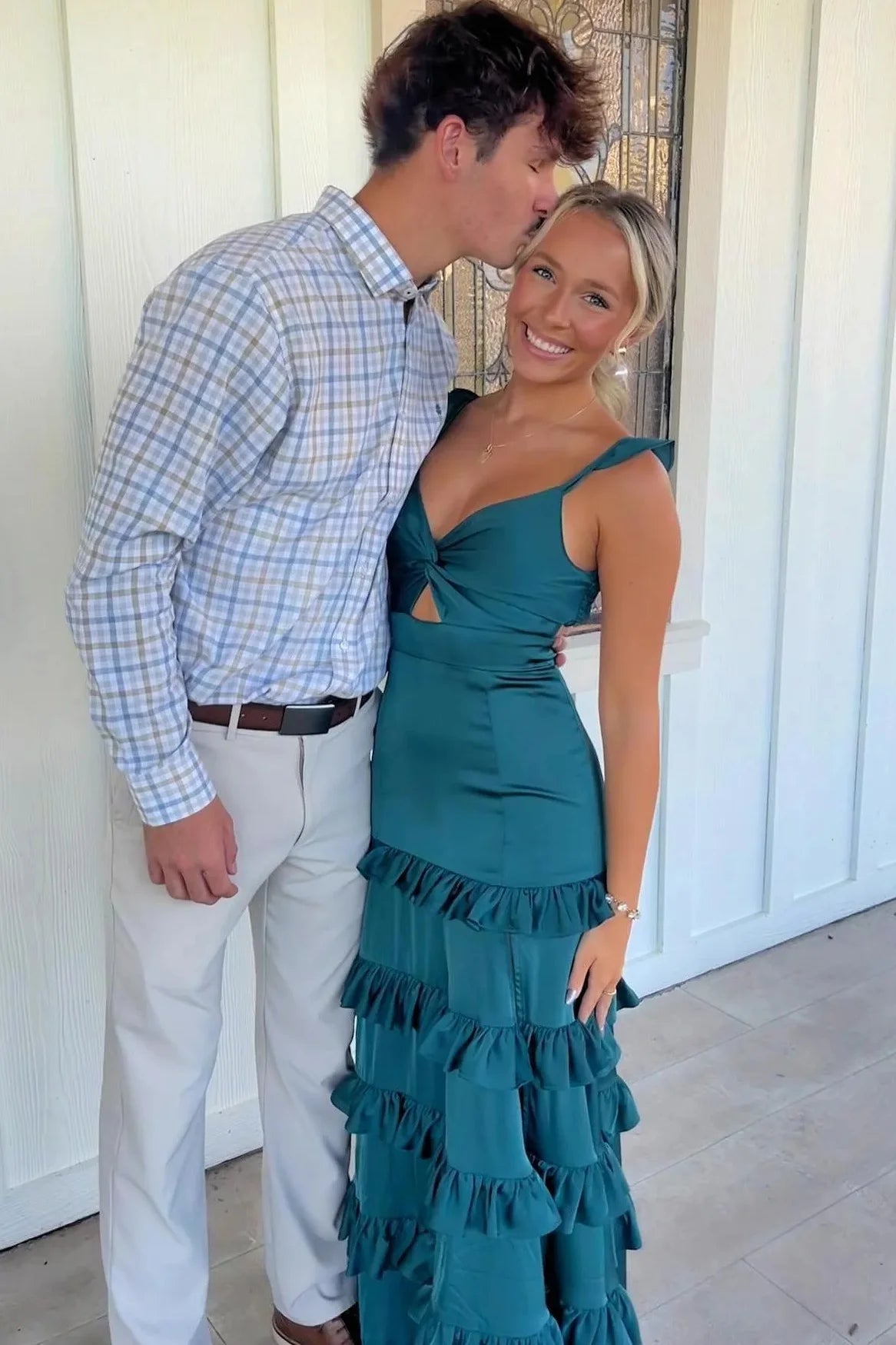 Charming A-Line V-Neck Sleeveless Ruffle Cutout Teal Long Prom Dresses Women