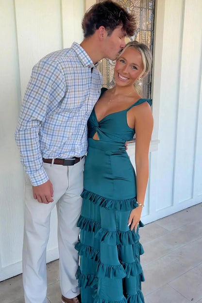 Charming A-Line V-Neck Sleeveless Ruffle Cutout Teal Long Prom Dresses Women