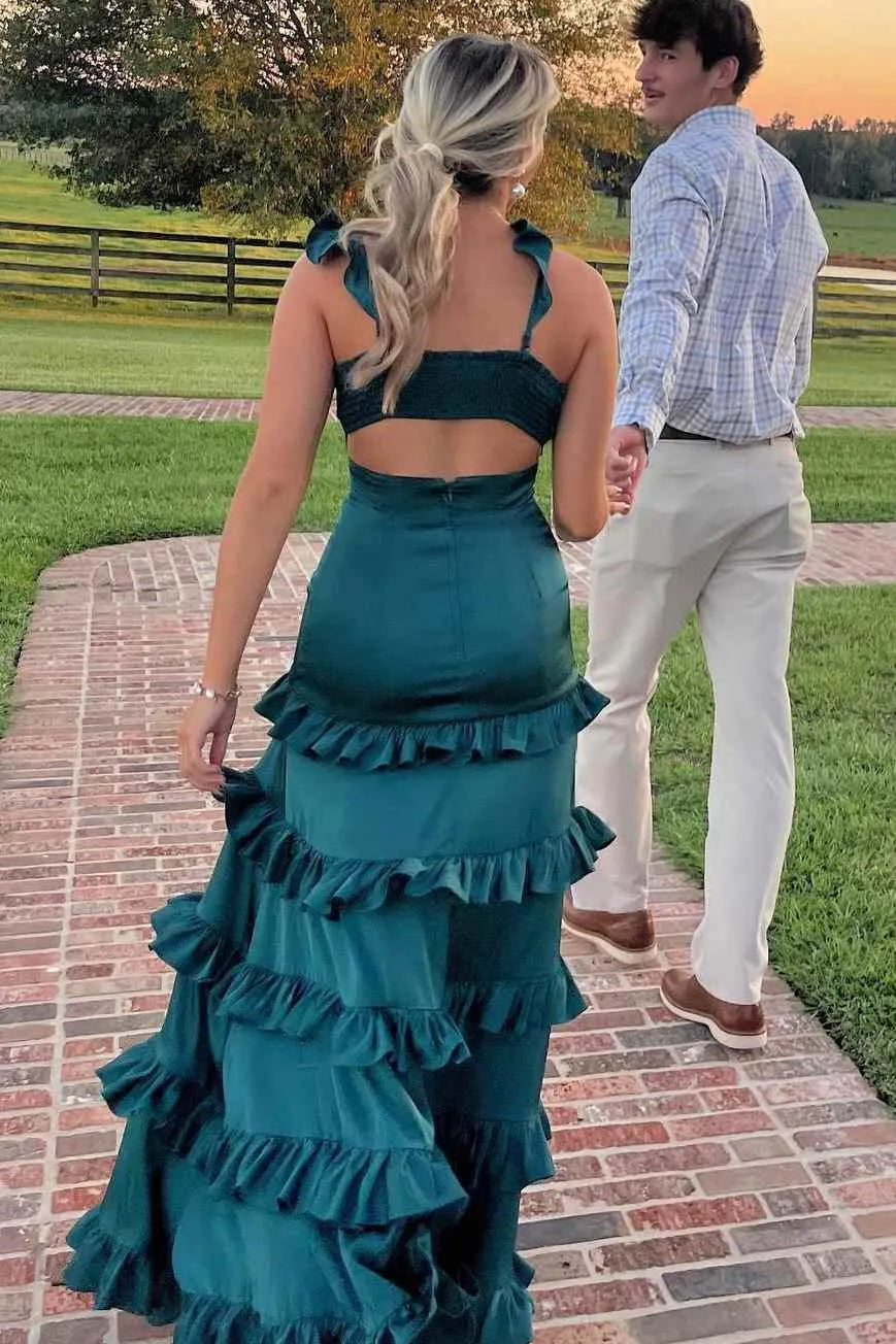 Charming A-Line V-Neck Sleeveless Ruffle Cutout Teal Long Prom Dresses Women
