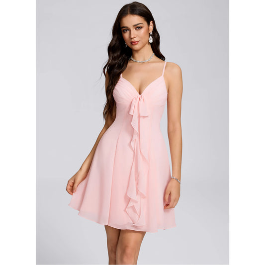Charming A-Line V-Neck Sleeveless Ruffled Flowy Pink Short Homecoming Dresses
