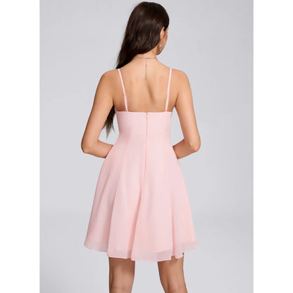 Charming A-Line V-Neck Sleeveless Ruffled Flowy Pink Short Homecoming Dresses