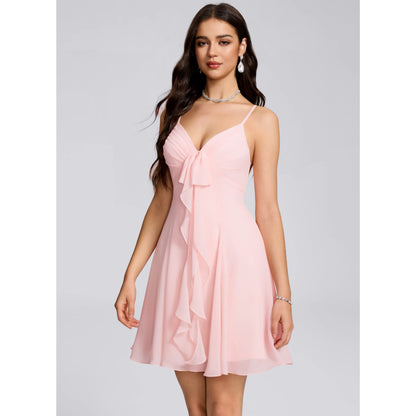 Charming A-Line V-Neck Sleeveless Ruffled Flowy Pink Short Homecoming Dresses