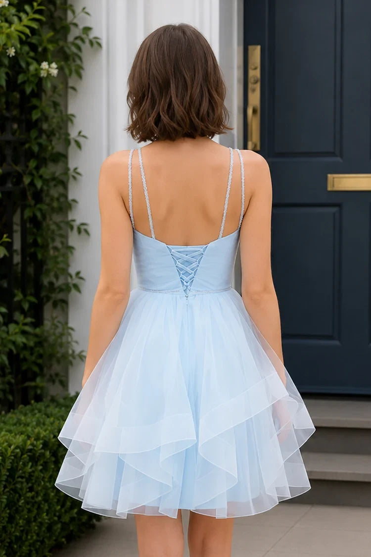 Charming A-Line V-Neck Sleeveless Ruffled Light Blue Short Homecoming Dress