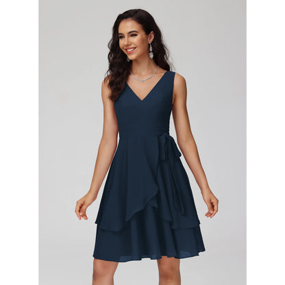 Charming A-Line V-Neck Sleeveless Ruffled Tie-Waist Navy Blue Knee-Length Homecoming Dress