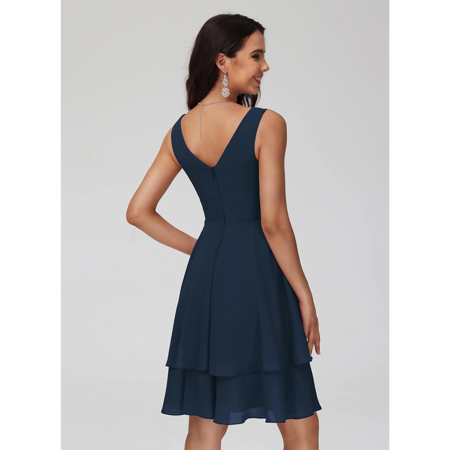 Charming A-Line V-Neck Sleeveless Ruffled Tie-Waist Navy Blue Knee-Length Homecoming Dress