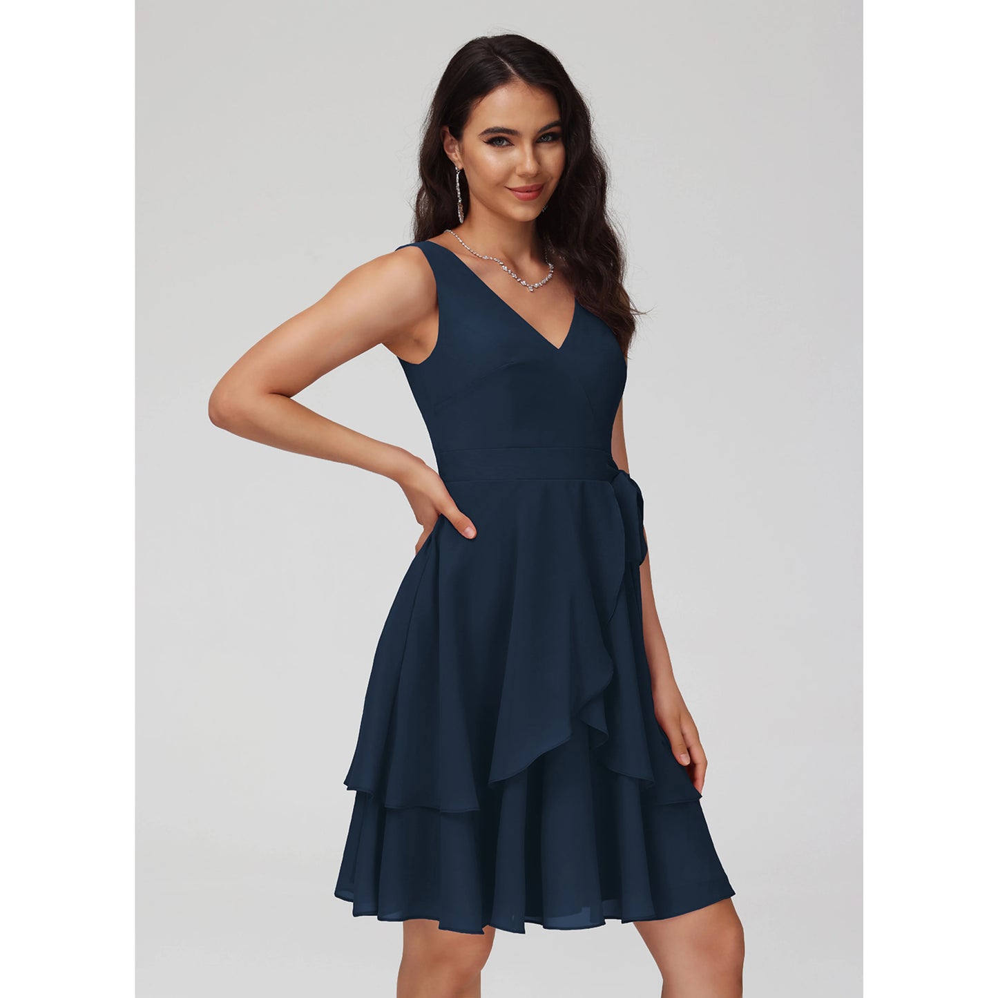 Charming A-Line V-Neck Sleeveless Ruffled Tie-Waist Navy Blue Knee-Length Homecoming Dress