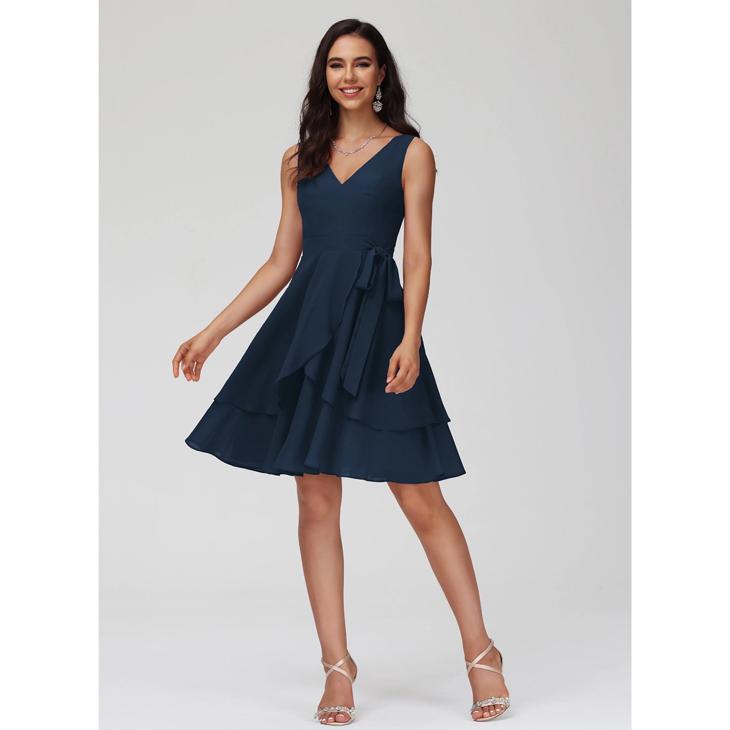 Charming A-Line V-Neck Sleeveless Ruffled Tie-Waist Navy Blue Knee-Length Homecoming Dress