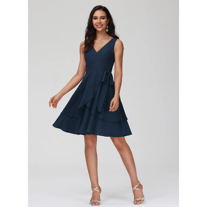 Charming A-Line V-Neck Sleeveless Ruffled Tie-Waist Navy Blue Knee-Length Homecoming Dress