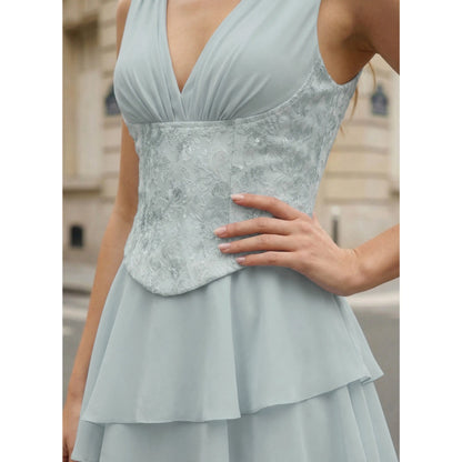 Charming A-Line V-Neck Sleeveless Tiered Corset Dusty Blue Short Homecoming Dress