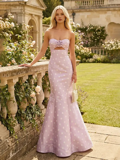 Charming Mermaid Strapless Polka Dot Floral Lavender Floor-Length Prom Dress
