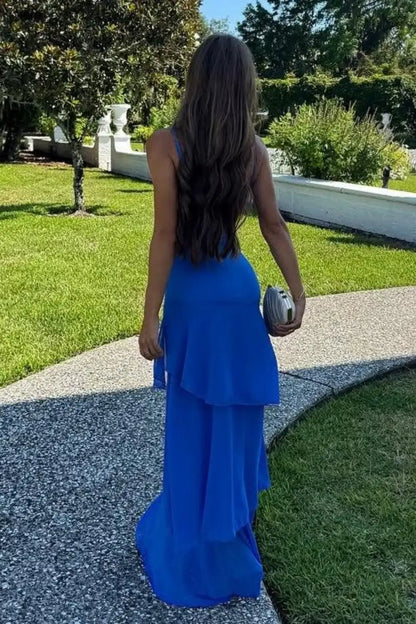 Charming Sheath Sweetheart Sleeveless Tiered Ruffled Royal Blue Floor Length Prom Dresses For Women