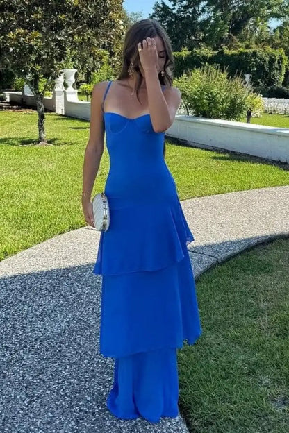 Charming Sheath Sweetheart Sleeveless Tiered Ruffled Royal Blue Floor Length Prom Dresses For Women