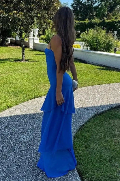 Charming Sheath Sweetheart Sleeveless Tiered Ruffled Royal Blue Floor Length Prom Dresses For Women