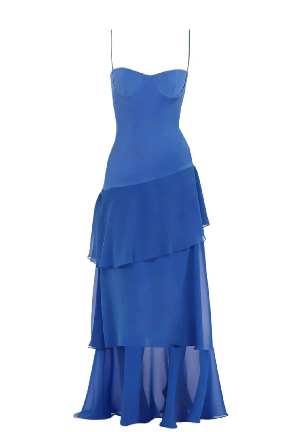 Charming Sheath Sweetheart Sleeveless Tiered Ruffled Royal Blue Floor Length Prom Dresses For Women