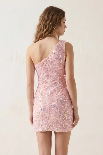 Charming Sparkly Bodycon One-Shoulder Sequins Pink Short Homecoming Dress Women's