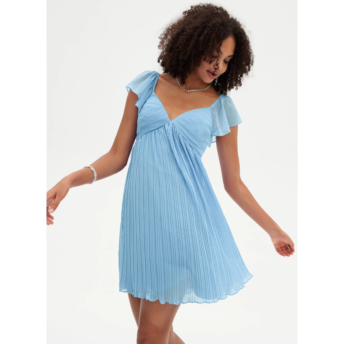 Charming V-Neck Flutter Sleeve Pleated Ruffled Light Blue Short Homecoming Dress