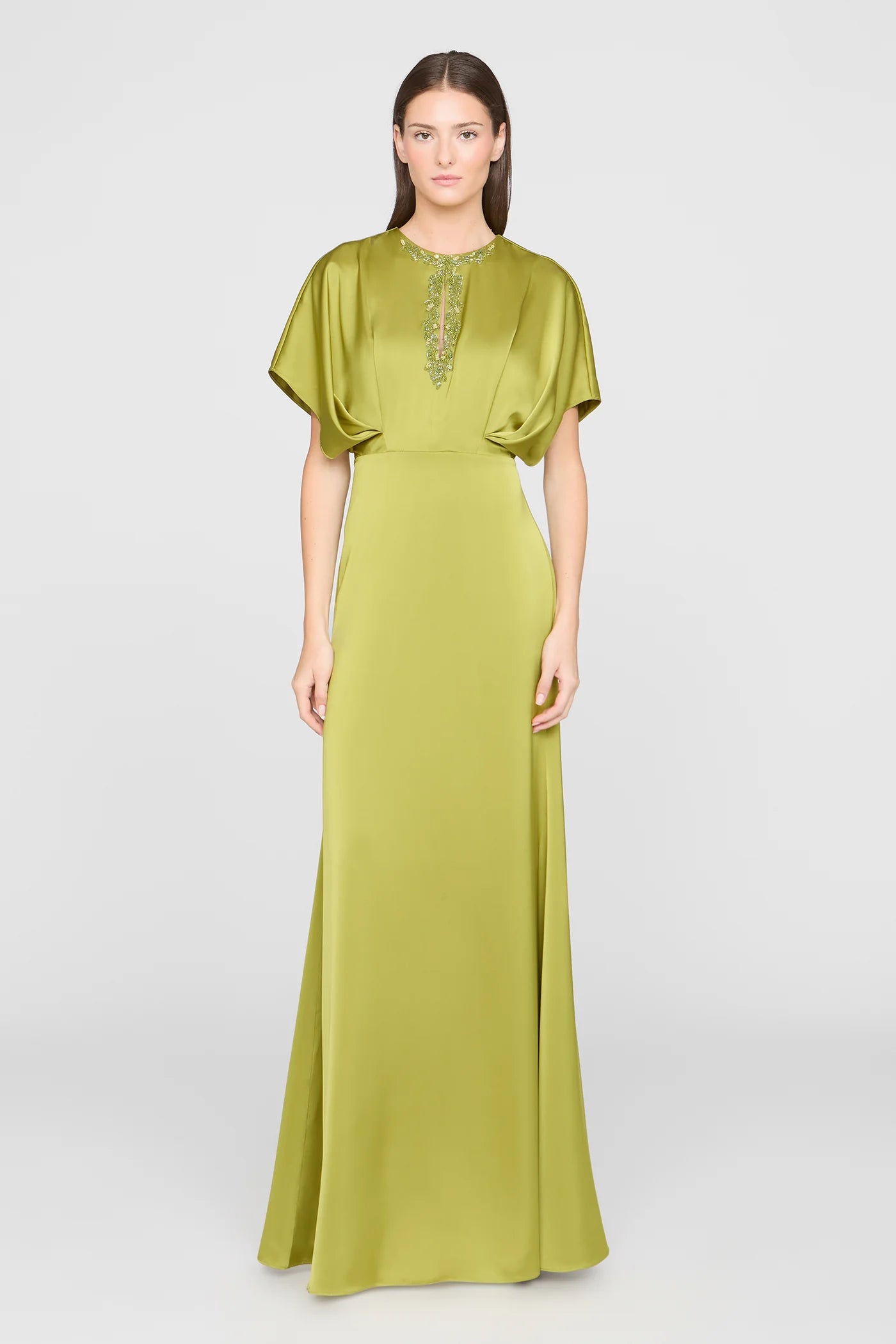 Chartreuse Green Satin Sheath Round Neck Beaded Keyhole Dolman Sleeve Floor Length Formal Evening Prom Dress