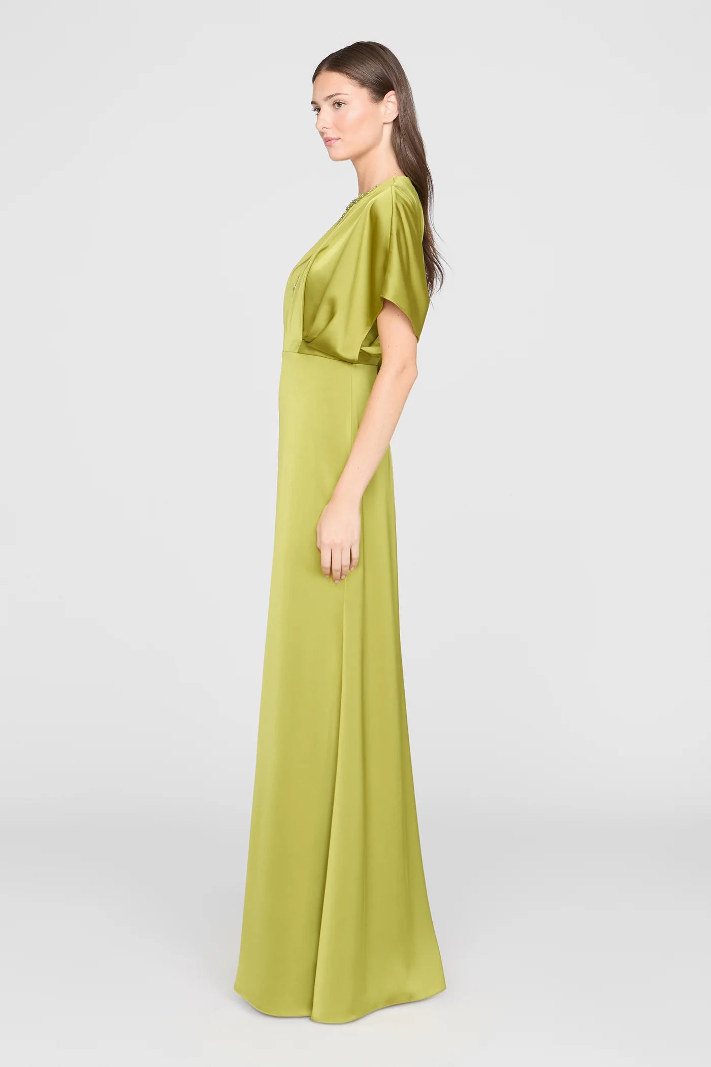 Chartreuse Green Satin Sheath Round Neck Beaded Keyhole Dolman Sleeve Floor Length Formal Evening Prom Dress