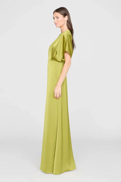 Chartreuse Green Satin Sheath Round Neck Beaded Keyhole Dolman Sleeve Floor Length Formal Evening Prom Dress