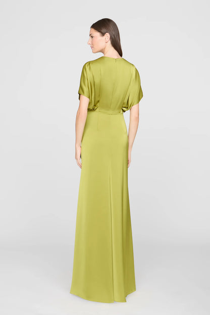 Chartreuse Green Satin Sheath Round Neck Beaded Keyhole Dolman Sleeve Floor Length Formal Evening Prom Dress