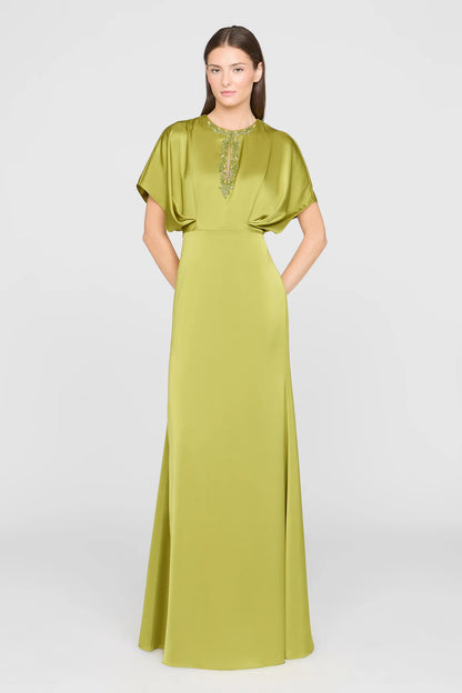 Chartreuse Green Satin Sheath Round Neck Beaded Keyhole Dolman Sleeve Floor Length Formal Evening Prom Dress