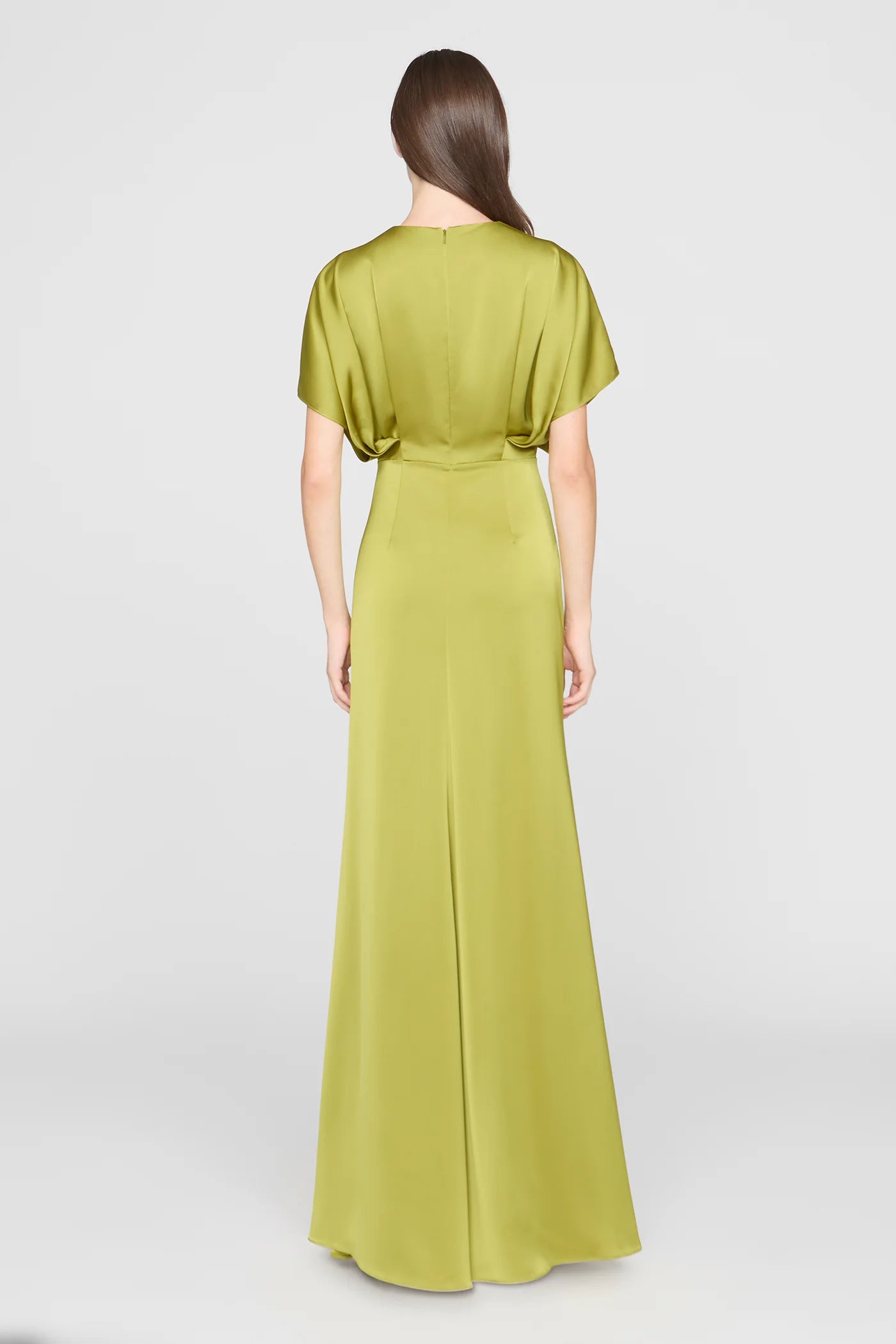 Chartreuse Green Satin Sheath Round Neck Beaded Keyhole Dolman Sleeve Floor Length Formal Evening Prom Dress