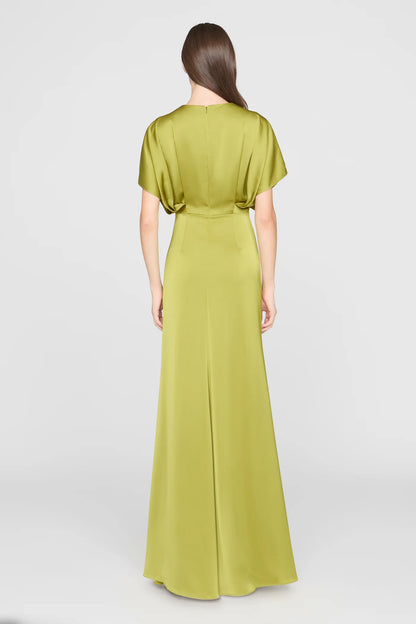 Chartreuse Green Satin Sheath Round Neck Beaded Keyhole Dolman Sleeve Floor Length Formal Evening Prom Dress