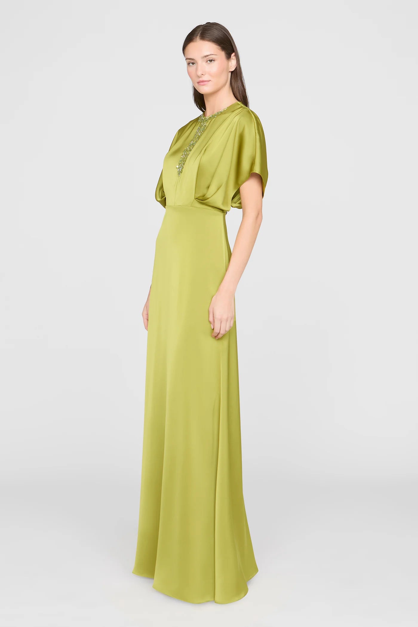 Chartreuse Green Satin Sheath Round Neck Beaded Keyhole Dolman Sleeve Floor Length Formal Evening Prom Dress