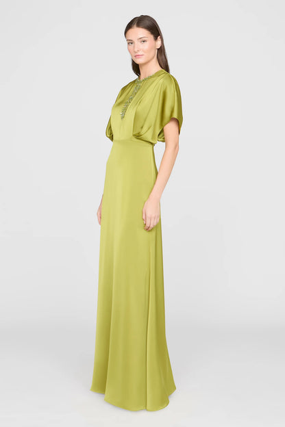 Chartreuse Green Satin Sheath Round Neck Beaded Keyhole Dolman Sleeve Floor Length Formal Evening Prom Dress