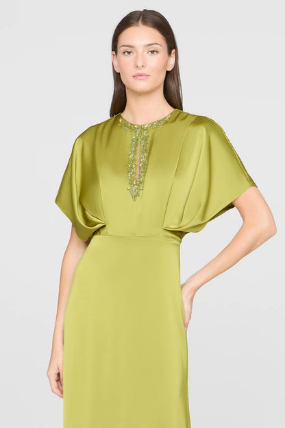 Chartreuse Green Satin Sheath Round Neck Beaded Keyhole Dolman Sleeve Floor Length Formal Evening Prom Dress