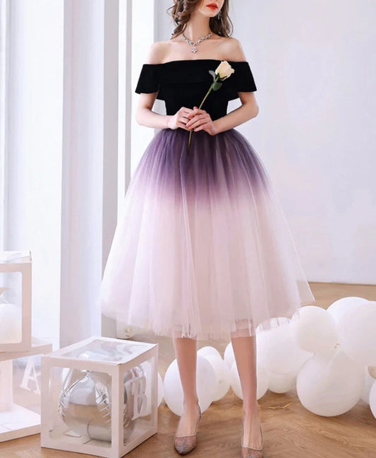 Model wearing a purple A-line off-shoulder gradient tulle short dress, front view.