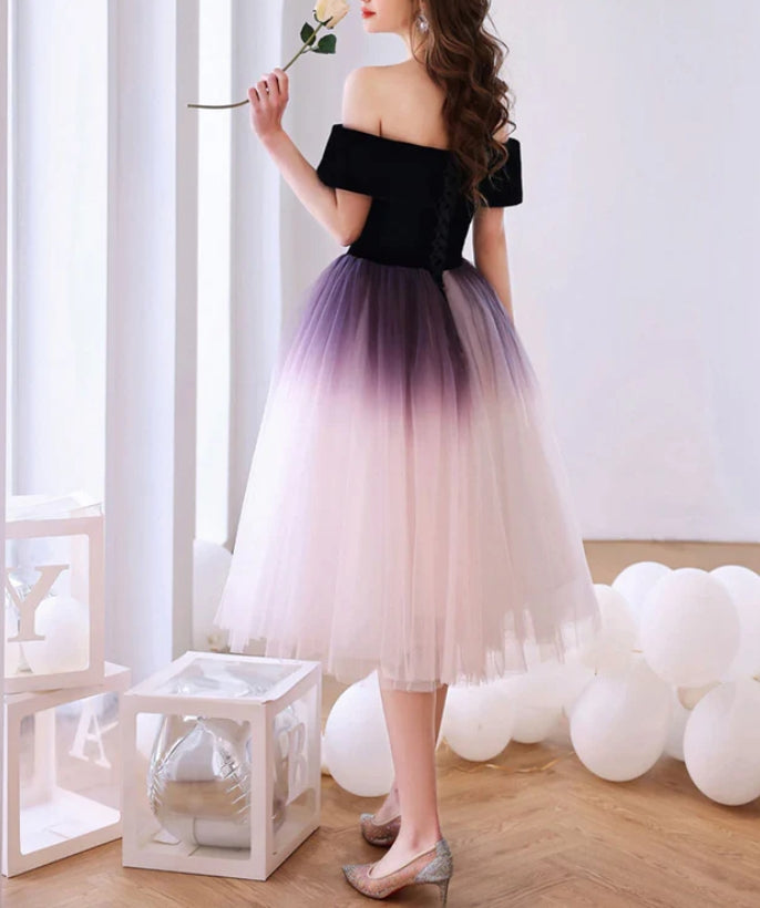 Side view of model in a purple A-line off-shoulder gradient tulle short dress.