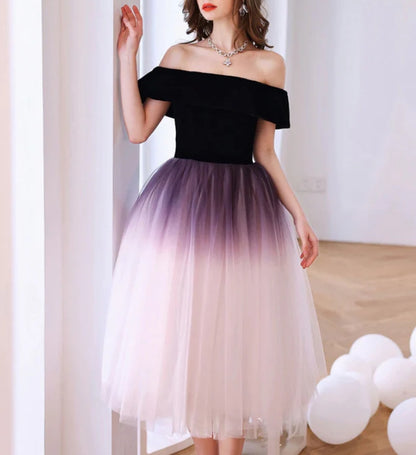 Back view of a purple A-line off-shoulder gradient tulle short dress on a model.