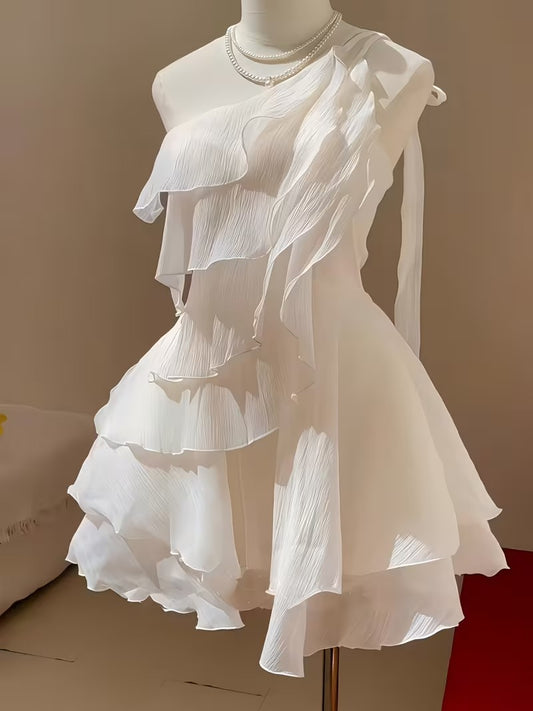 Back view of a one-shoulder ruffle chiffon dress.