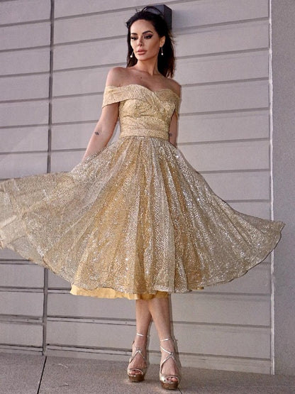 Back view of an A-Line Princess ruched off-shoulder tea-length homecoming dress.