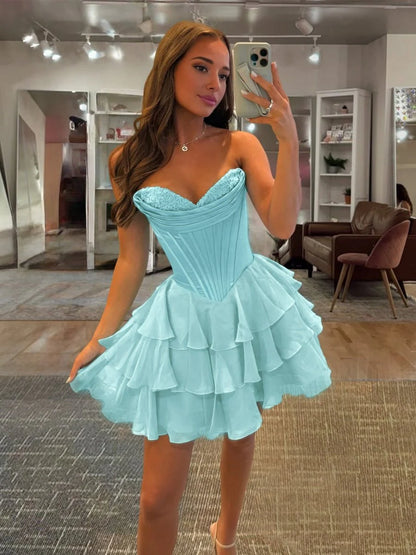 Model posing in the short A-line homecoming dress.