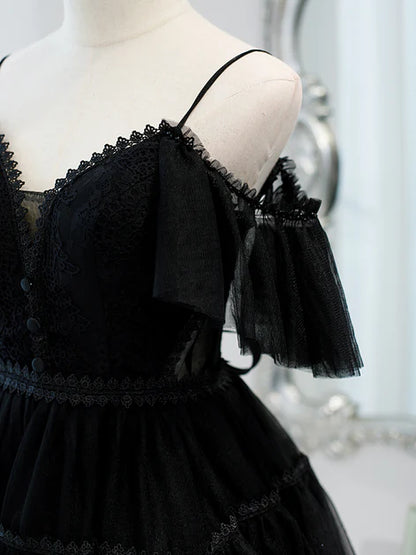 Back view of the black sweetheart off-shoulder dress, showing the elegant design.