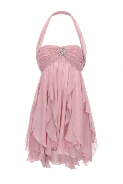 Full length view of the pink A-line sweetheart dress for parties.
