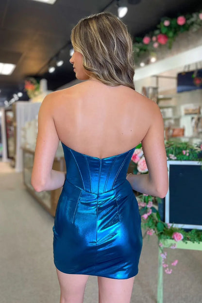 Back view of metallic blue ruched bodycon homecoming dress.