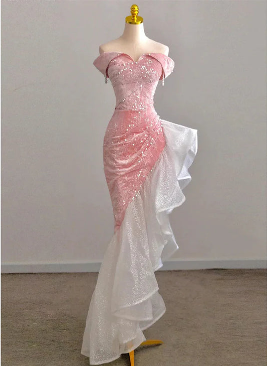 Pink high-low mermaid prom dress with off-shoulder neckline.